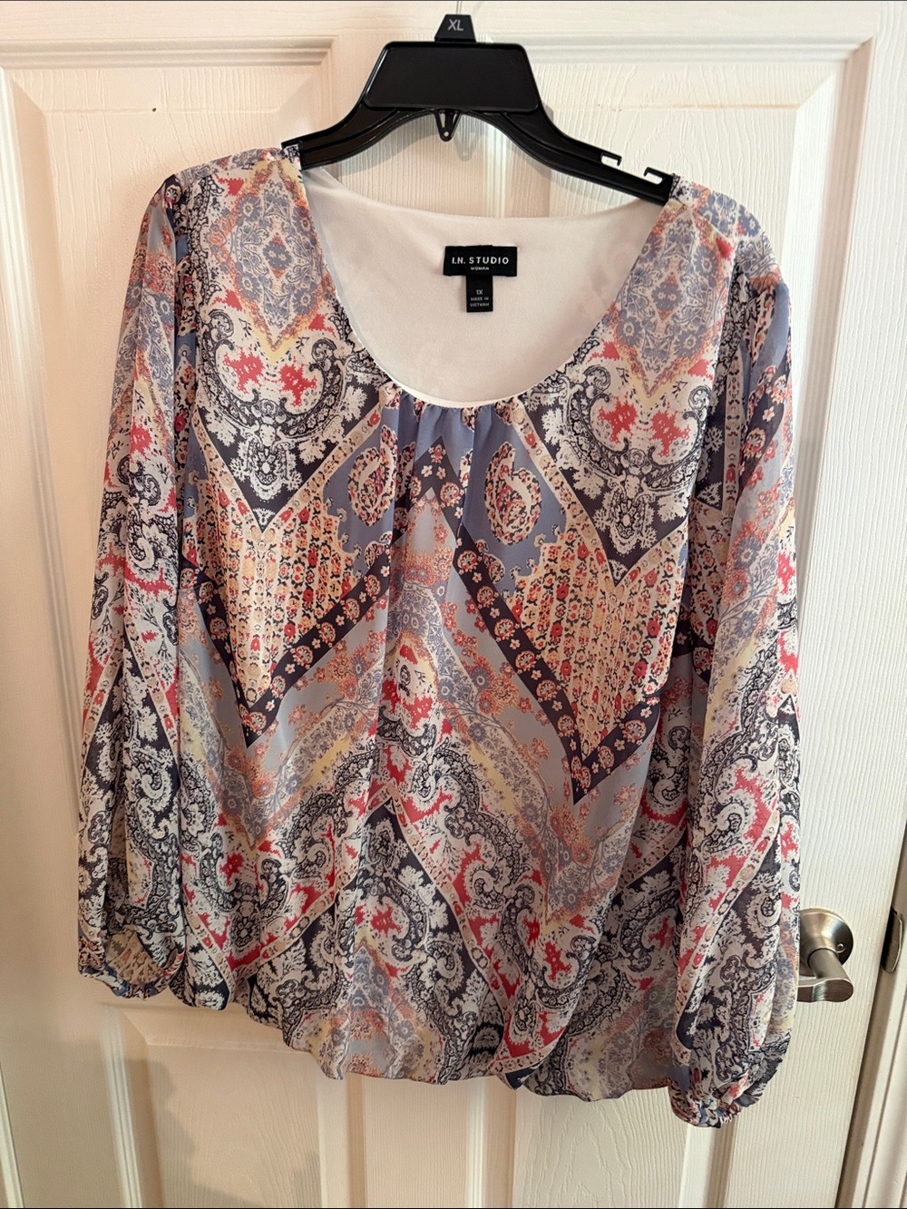 I.N. Studio Scoop Neck Paisley Blouse in Gray, Pink & Cream
